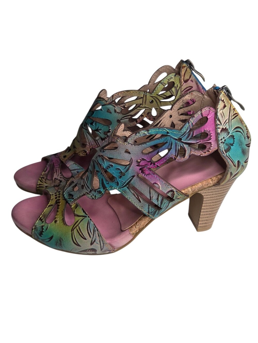 Metcandy Womens Hand Painted Sandals Multicolor Floral Cutout Leather Size 9